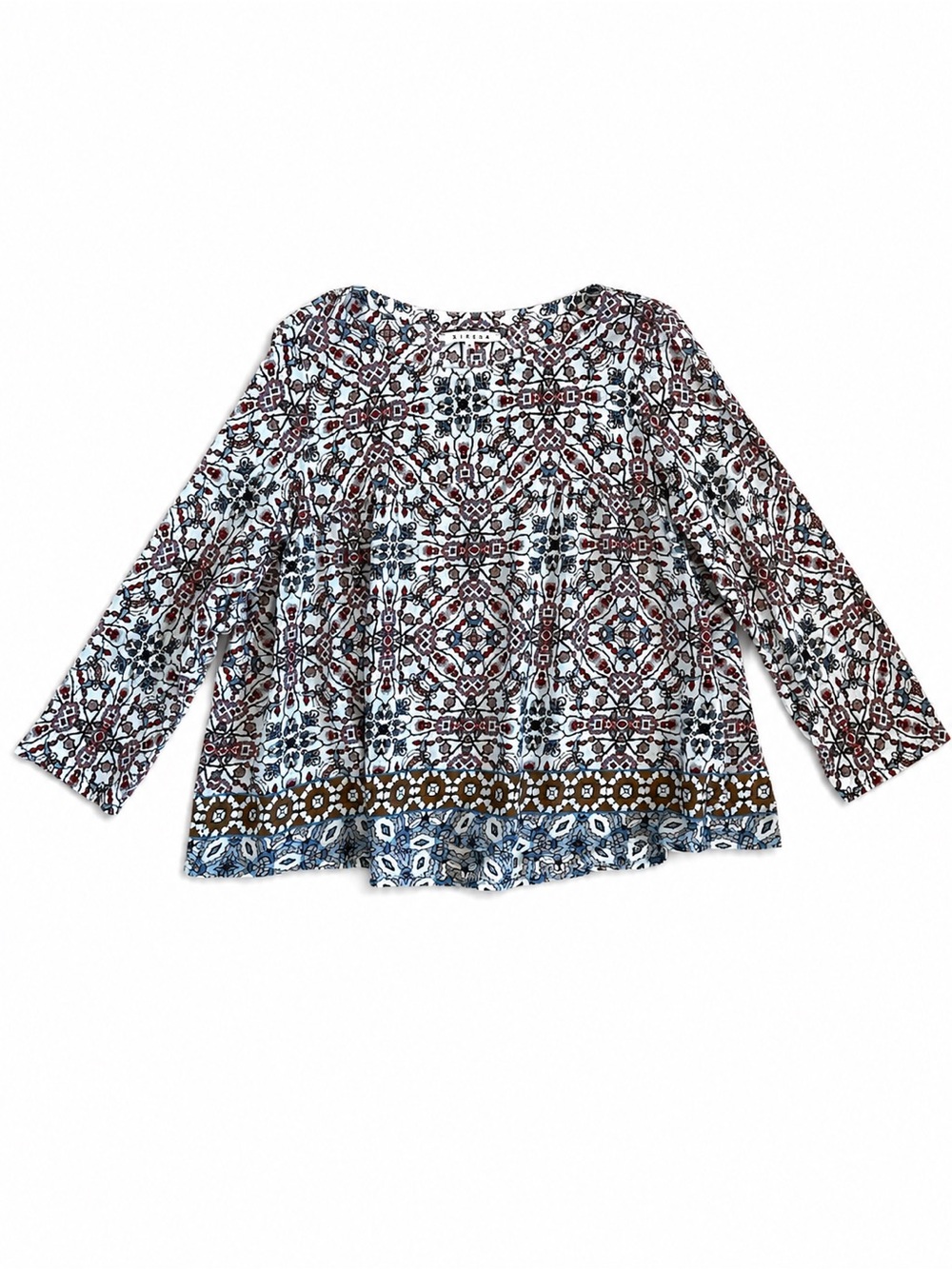 XIRENA moroccan tile print cotton blouse boho blanc island size M